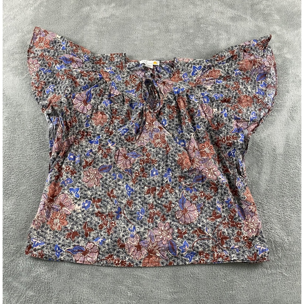 C&C California Womens Floral Flutter Sleeve Tie Neck Blouse Blue Terracotta M